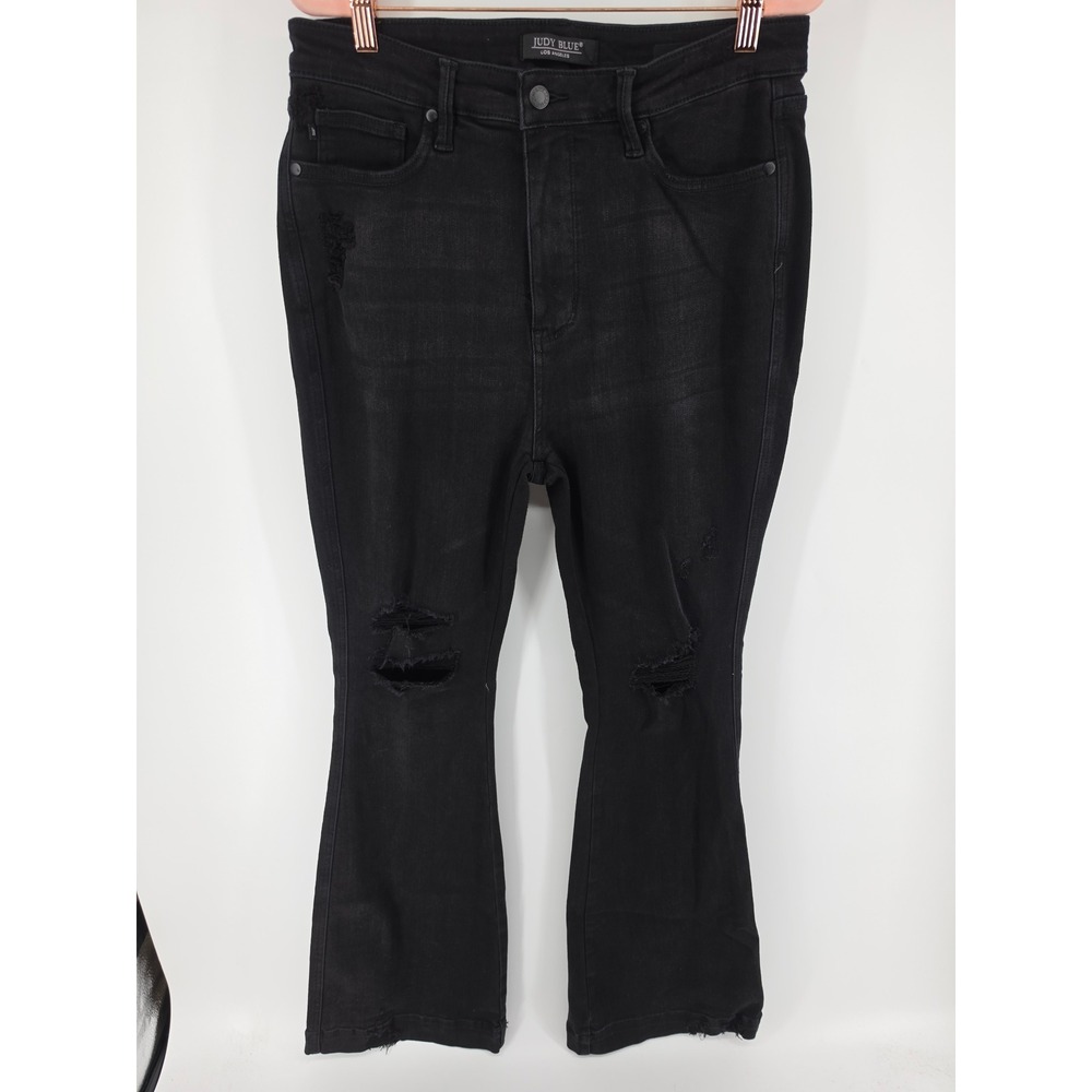 Judy Blue Black Distressed Flare Jeans High Waist Raw Hem JB88622 BK 15/32